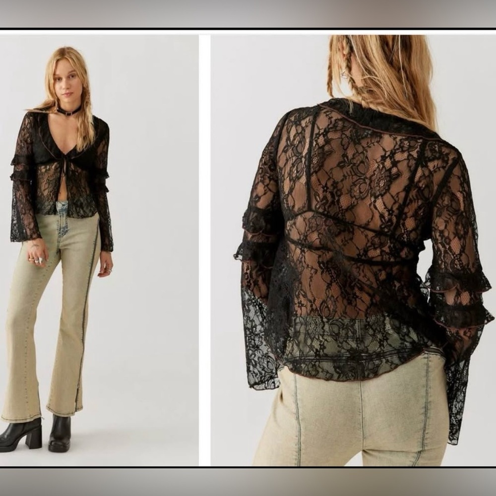 Urban Outfitters Black Sheer Lace Tie-Front Blouse